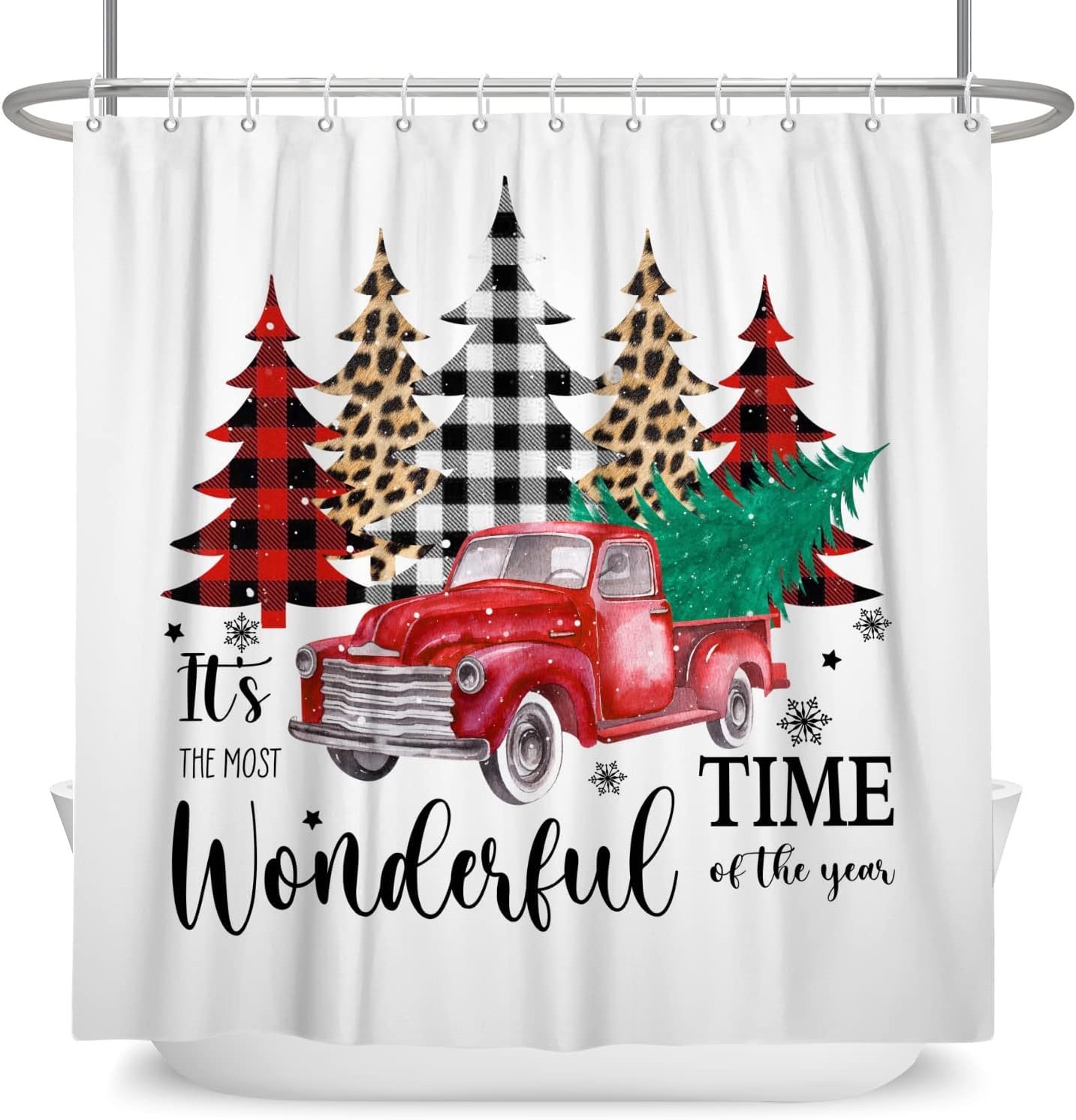 72x72 Inch Christmas Truck Shower Curtain Red Truck Pulling Xmas