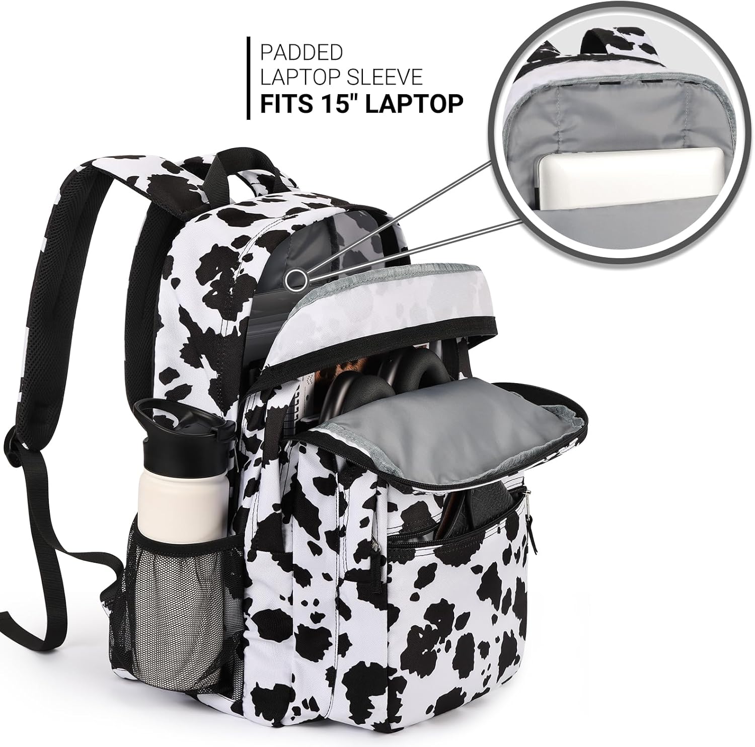 ZORFIN 26L Backpack for College, and Travel: Water Resistant Bookbag - Cow Print Black - Image 4