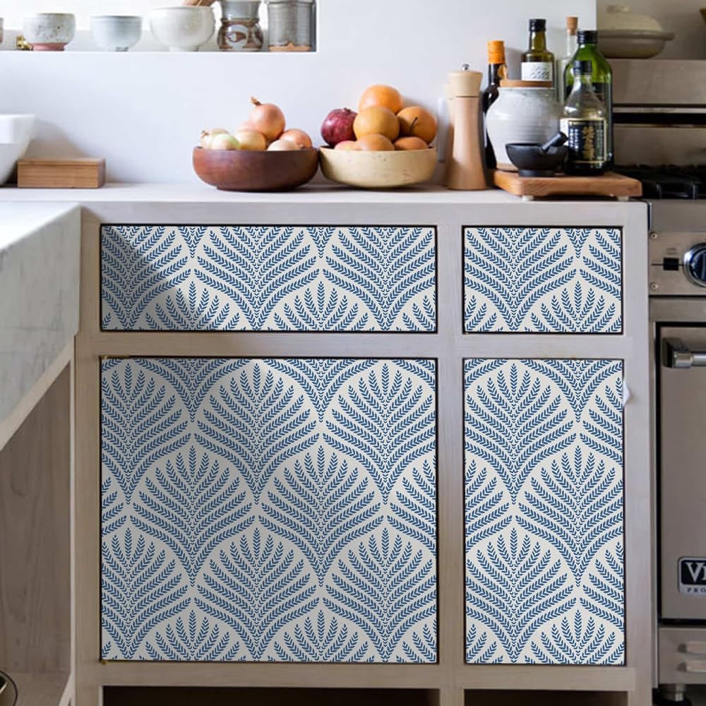 Cohoo Home Blue and White Peel and Stick Wallpaper Modern Navy Blue Contact Paper for Cabinets Drawers 17.3inW 393inL Boho Self-Adhesive Wallpaper Geometric Contact Paper Bathroom Bedroom Waterproof