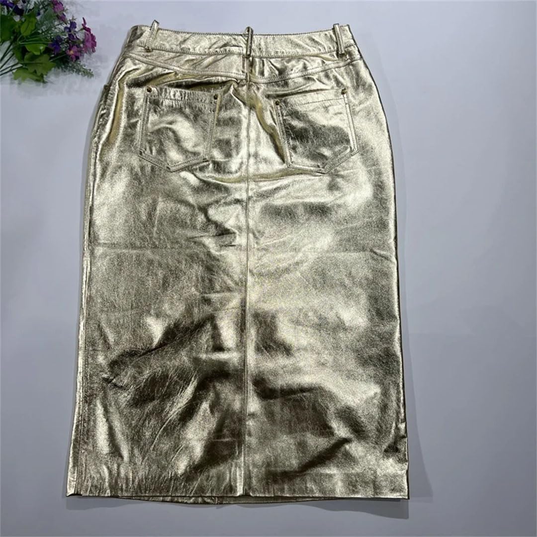 Damska skórzana spódnica metaliczna slim fit owijana przednia dzielona długa spódnica