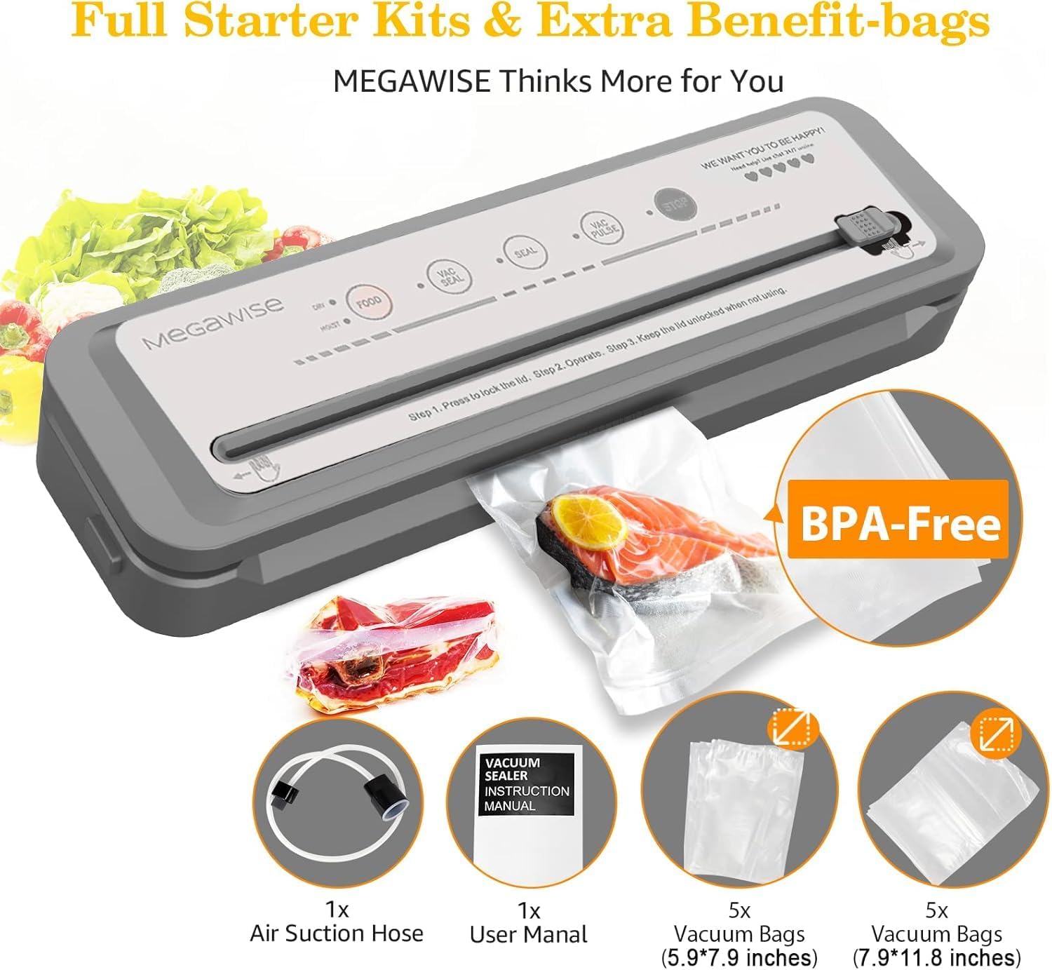 MEGAWISE Updated Vacuum Sealer Machine,MEGAWISE Food Sealer w/Starter Kit (Grey) - Image 2