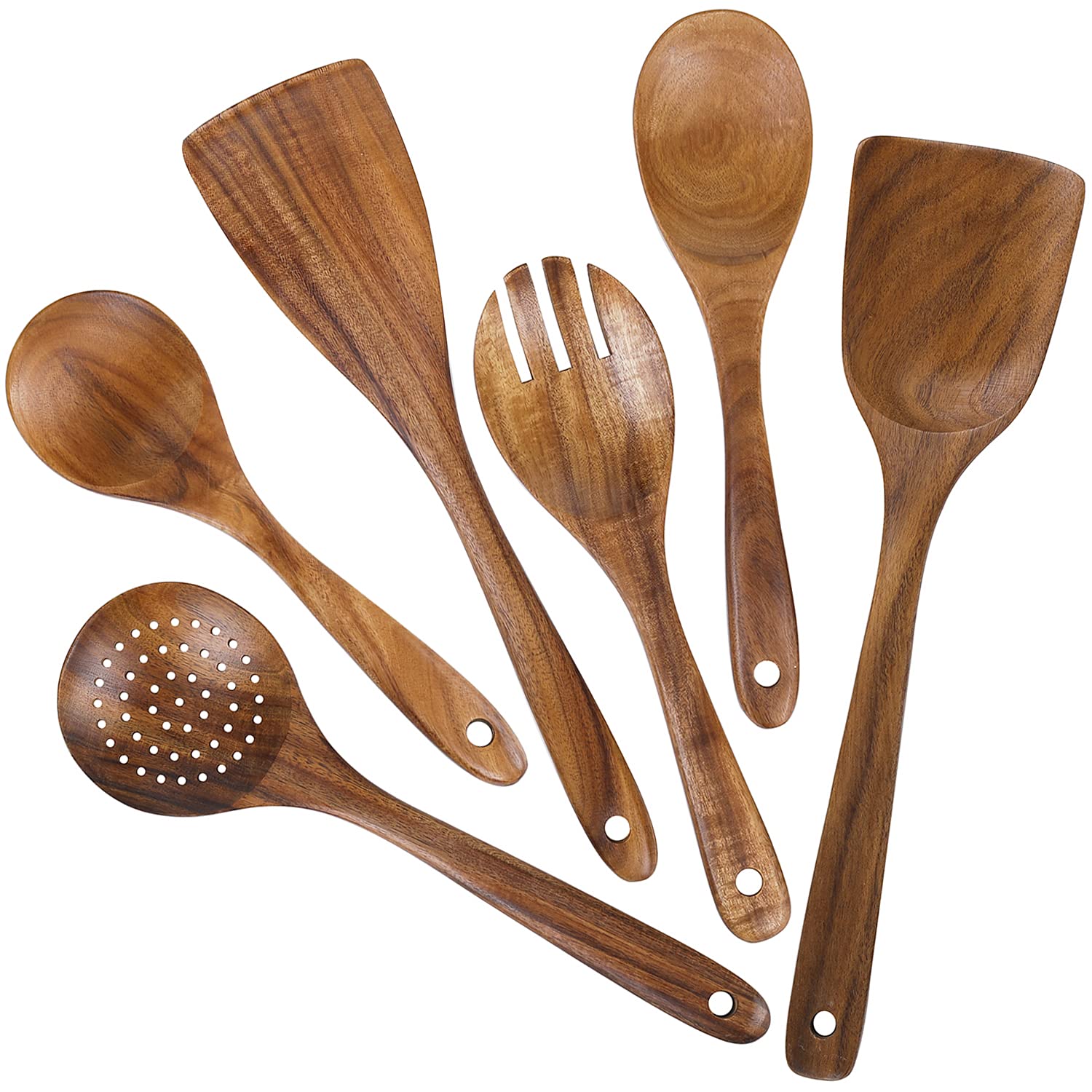 Küchenutensilien-Set, Holzlöffel zum Kochen, natürliches Teakholz, Küchenspatel-Set zum Kochen, inklusive Löffel, Schöpflöffel, Gabel, antihaftbeschichtet, Pfanne, Küchenwerkzeug (6)