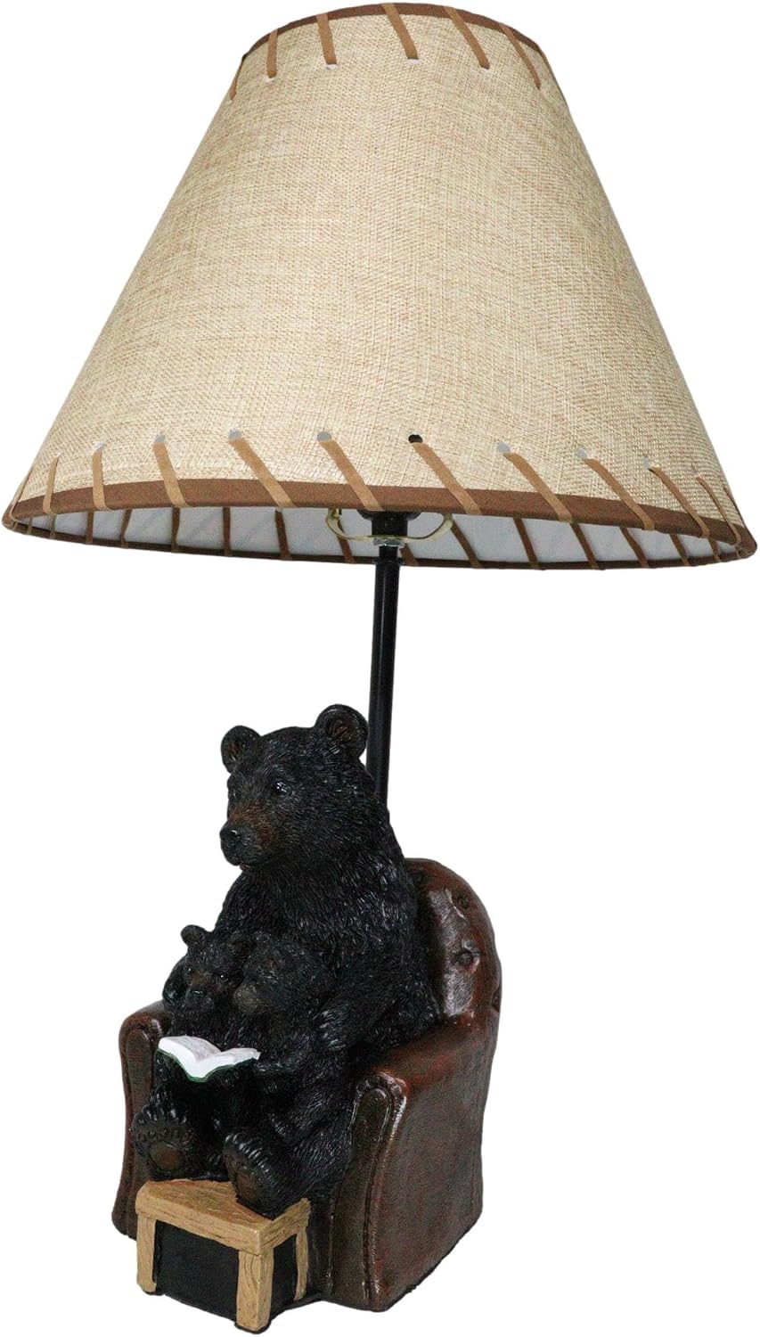 Ebros Gift Rustic Western Whimsical Forest Bedtime Story Mama Black Bear Reading to Baby Cub Bears On Cozy Couch Table Lamp with Bordered Lace Shade Cabin Lodge RV Decorative Accent Lighting