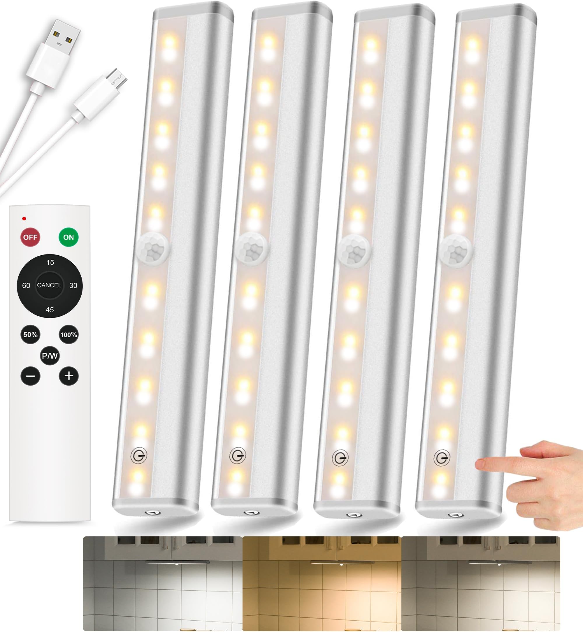 SZOKLEDWireless Under Cabinet Lighting Remote Control Rechargeable 20LED Closet Light Dimmable Under Counter Light Nightlight Bar with Timer for Kitchen Shelf Hallway Stairs, Multiple Colors 4 Pack