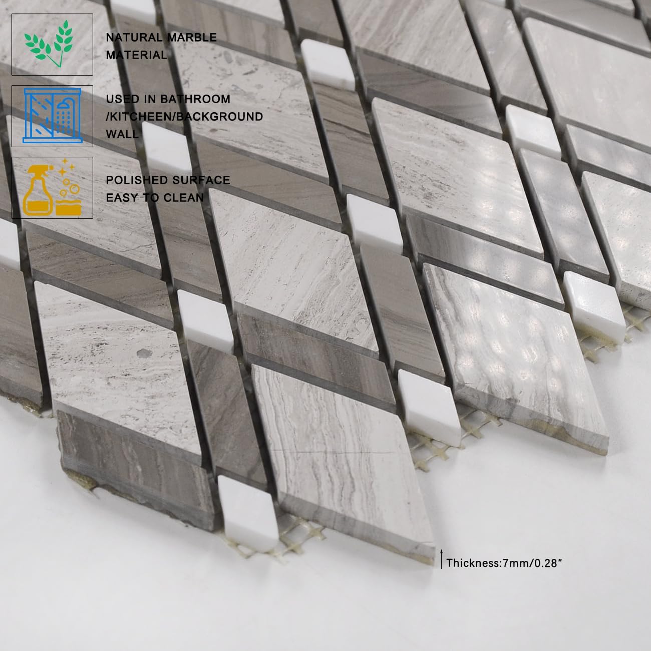 Gray Stone Diamond Mosaic Tiles, 5-Sheet Pack (5 Sq.Ft), Natural Textured Finish (Non-Polished), Geometric Rhombus Mesh-Mounted Tile for Shower Floor & Backsplash, Non-Slip