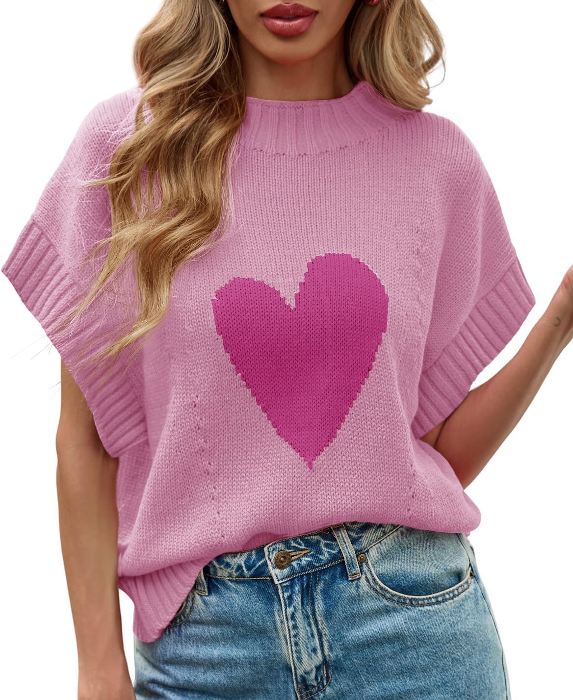 Saodimallsu Womens Cap Sleeve Cropped Sweater Mock Neck Cute Heart Loose Valentine Knit Tank Tops - Image 2