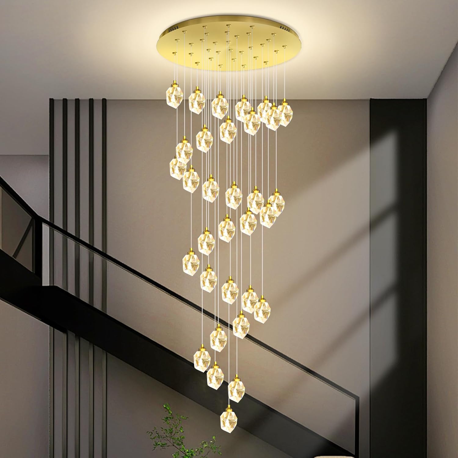 32 Light 120in Long Large Crystal Chandeliers Gold LED Crystal Chandeliers for High Ceiling Foyer Staircase Lobby Slopped Ceiling Dimmable 3000-6000K