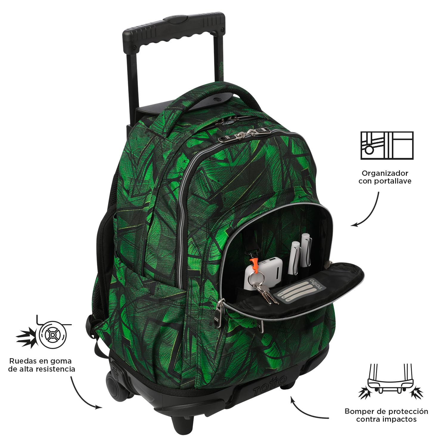 TOTTO - Mochila Escolar con Ruedas, Modelo Renglones, Capacidad 26,21 Litros, Bolsillo para PC 14", Bolsillo Botella, Correas en S para Mayor Comodidad, Resistente, Estampado Jhony Jungle