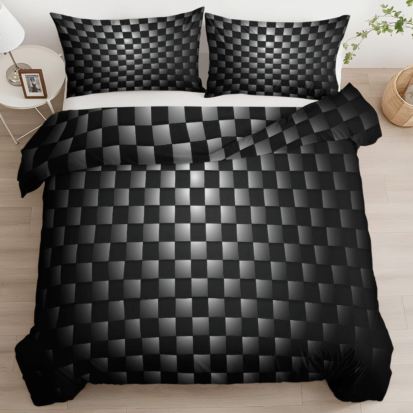 Zestaw pościeli 180 x 220 cm Dwustronna geometryczna poszewka na kołdrę czarny szary kwadrat, nowoczesna poszwa na kołdrę miękki i oddychający komplet pościeli - luksusowa sypialnia z poszewkami na