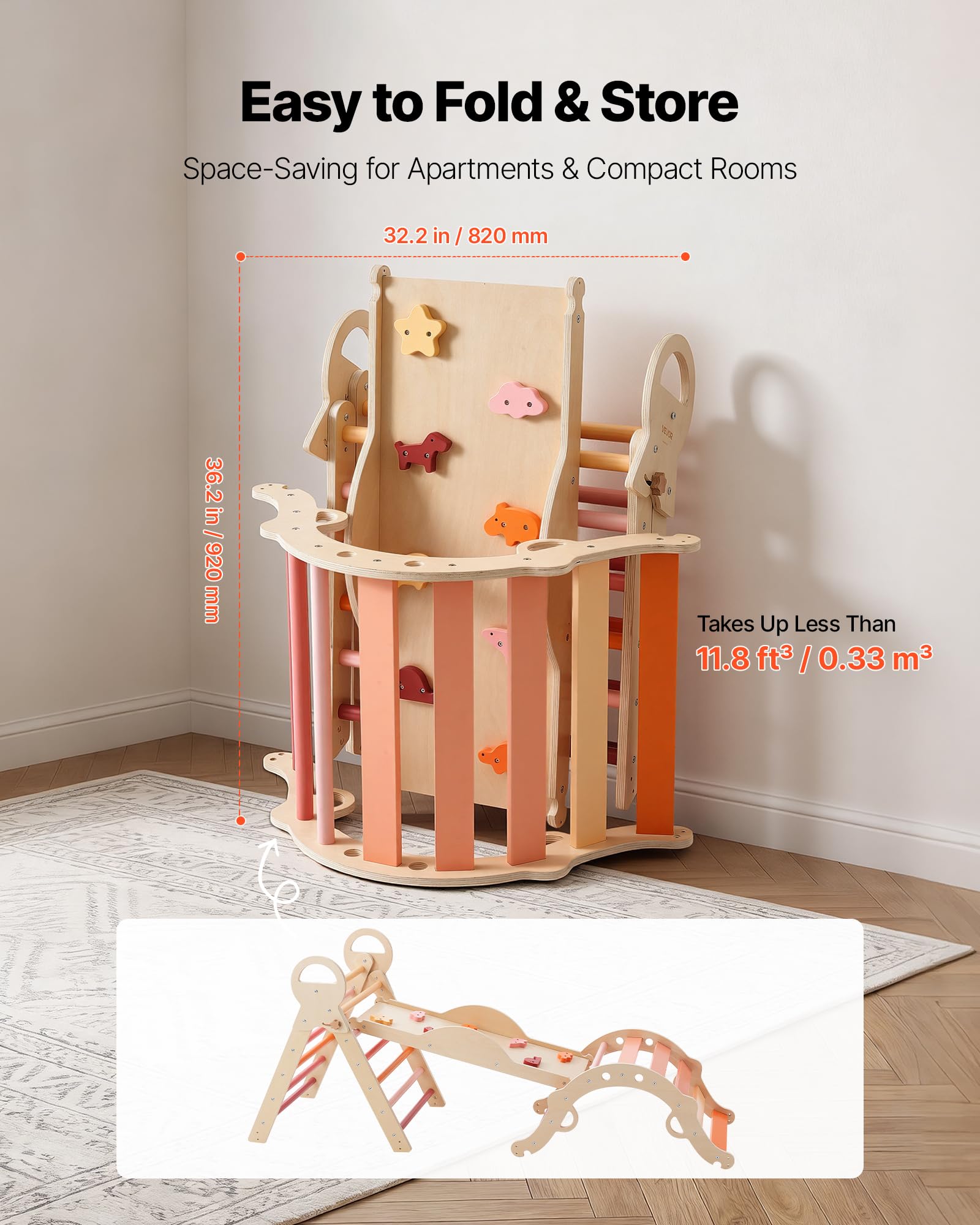 VEVOR Kletterdreieck, 9-in-1 Kletterspielzeug, mit Holzautos, Kissen, Kletterdreieck, Rutsche & Kletterbogen, bis 68 kg, Montessori Indoor Spielset für Kinder im Alter von 1 bis 3 Jahren, Orange