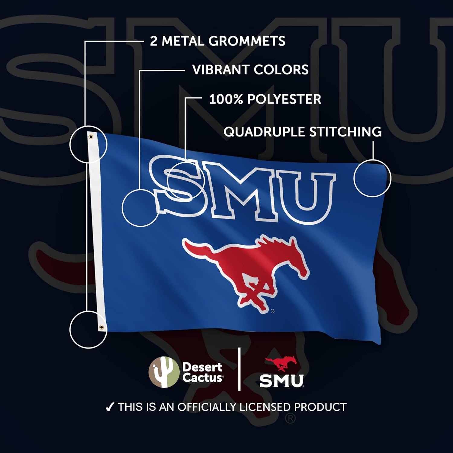Desert Cactus SMU Mustangs Flag - 3 x 5 Feet Southern Methodist University Banner, Indoor/Outdoor Durable Fabric, 100% Polyester Design (Style B) - Image 4