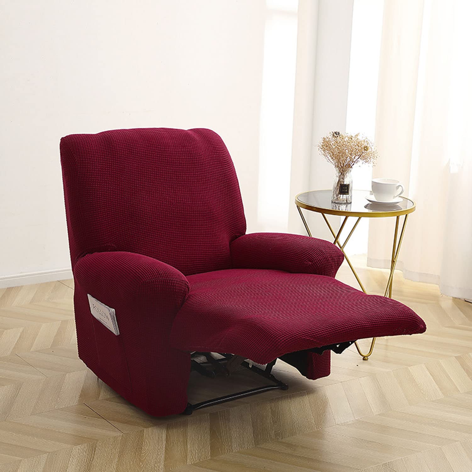 Stretch Sessel-Überwürfe Sesselschoner Sesselauflage Sesselüberzug dehnbarer elastischer Sesselbezug waschbarer Spandex Sofabezug in Unifarbe mit Tasche für Wohnzimmer und Schlafzimmer – Bordeauxrot