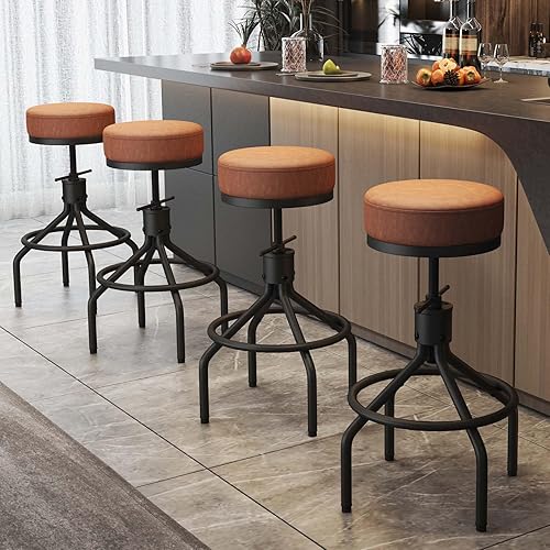 Miniatura 5 de Taburetes de bar industriales, juego de 2 taburetes de bar redondos giratorios ajustables, modernos de cuero sintético de 28 pulgadas, taburete de