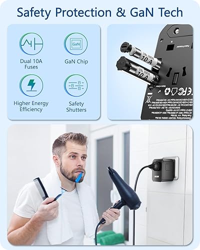 Miniatura 5 de LENCENT Adaptador de viaje universal, cargador de pared GaN III de 65 W en todo el mundo con 1 puertos USB y 2 adaptadores de carga rápida USB-C PD