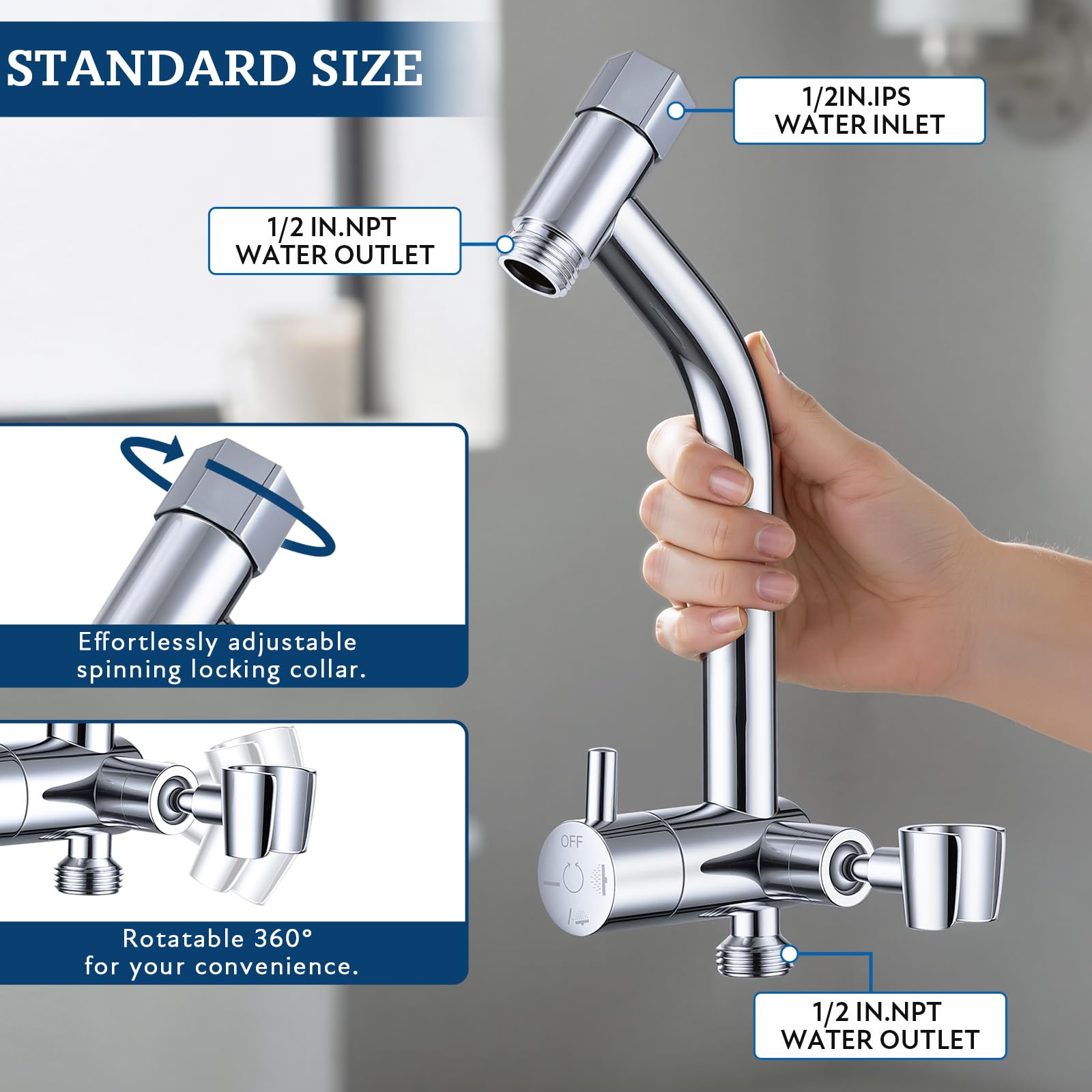 G-Promise Desviador de ducha de metal con soporte de mano bajo, válvula desviadora de 3 vías con modo de pausa para cabezal de ducha de mano y fijo, pieza de repuesto universal de 4 ajustes (cromado)