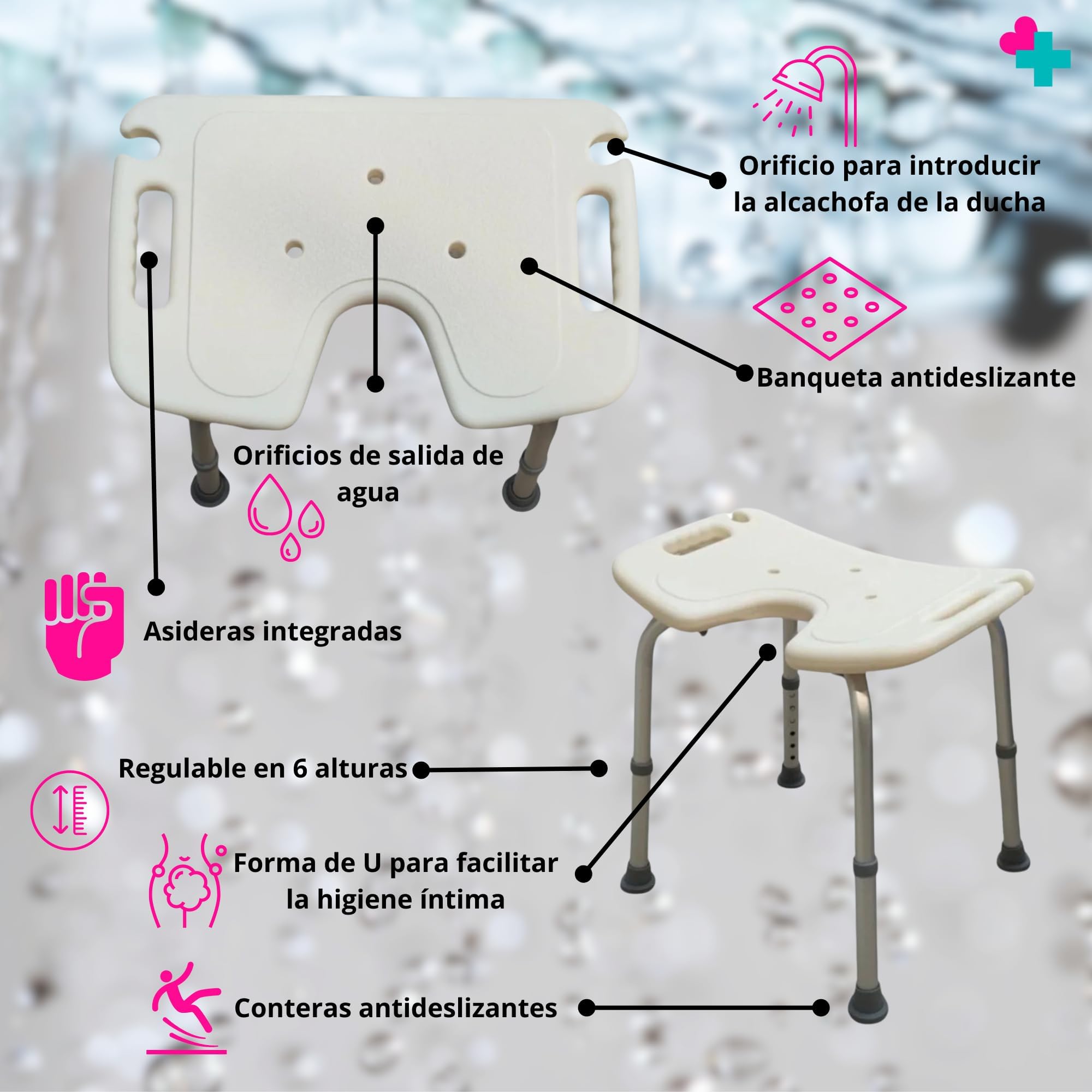 Taburete Baño en Forma de U | Taburete Ducha con asideras | Asiento Ortopédico | Regulable y Antideslizante | Silla Ducha Personas Mayores: Cómoda, Segura y Ligera | 120kg MAX (2 Unidades)