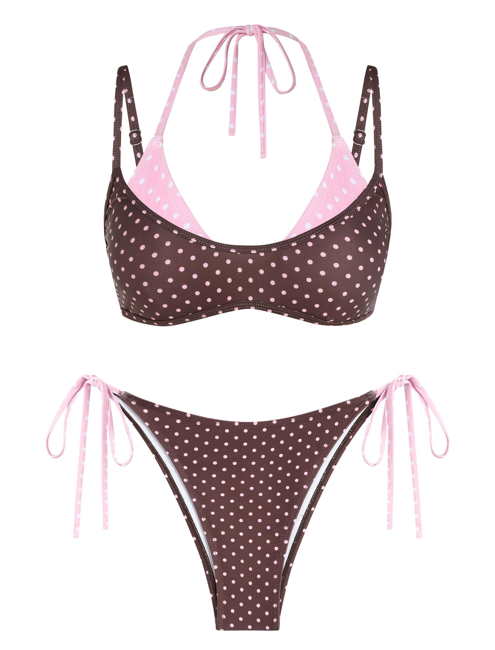 zaful Women's Bikini Set Double Layer Color Block Polka Dot Halter Sexy Tie-Side Two Piece Swimsuit Swimwear-picture-48
