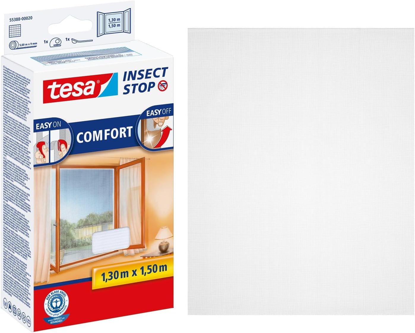 tesa Insect Stop COMFORT for Windows - Window Screen with Self-Adhesive Hook & Loop - Insect Mesh - in White, 130 cm x 150 cm