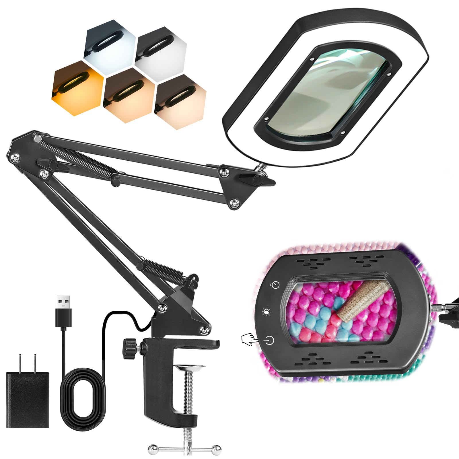 GOEBLESON 10X Magnifying glass with light, desk lamp & climp