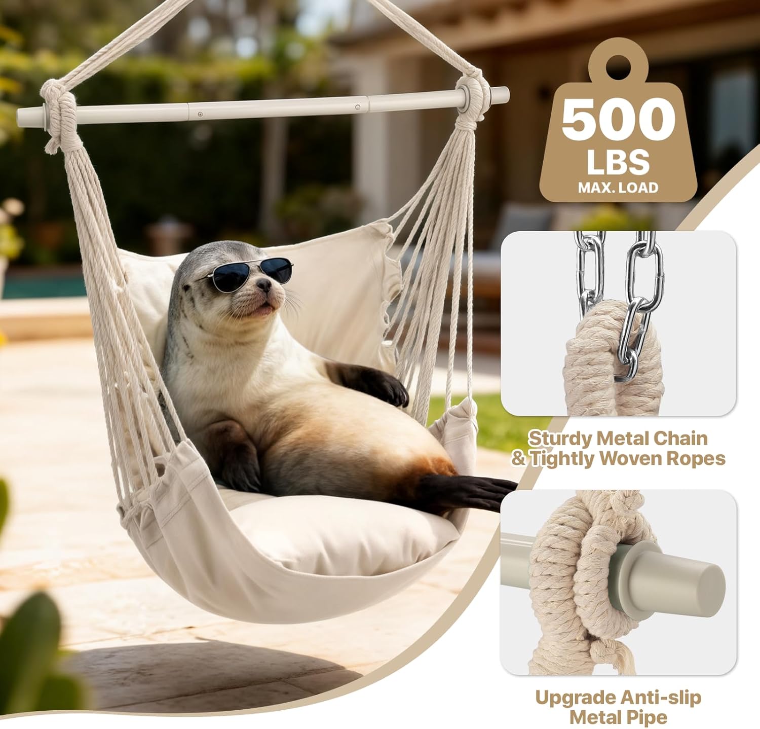 MoNiBloom Hammock Chair Hanging Rope Swing w/2 Cushions, Boho Macrame Hanging Chair Max 350 lbs Capacity w/Side Pocket for Adults Indoor/Outdoor, Living Room Bedroom Comfy Reading Swinging Chair - Image 4