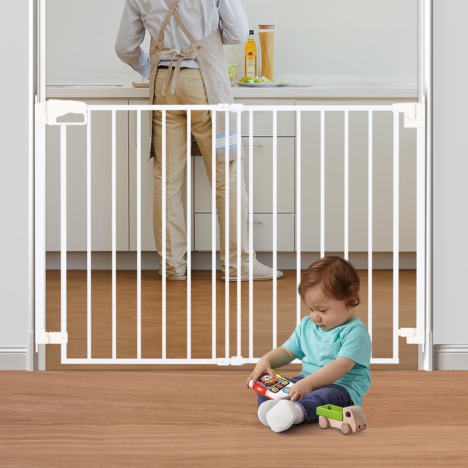 28.5-43" No Bottom Bar Baby Gate for Stairs, Hardware Mounted Dog Gate, Safety Pet Gates with Large Walk Thru Door, Auto-Close Two-Way Swing Safety Gate for House, Hallways, Doorways, Black