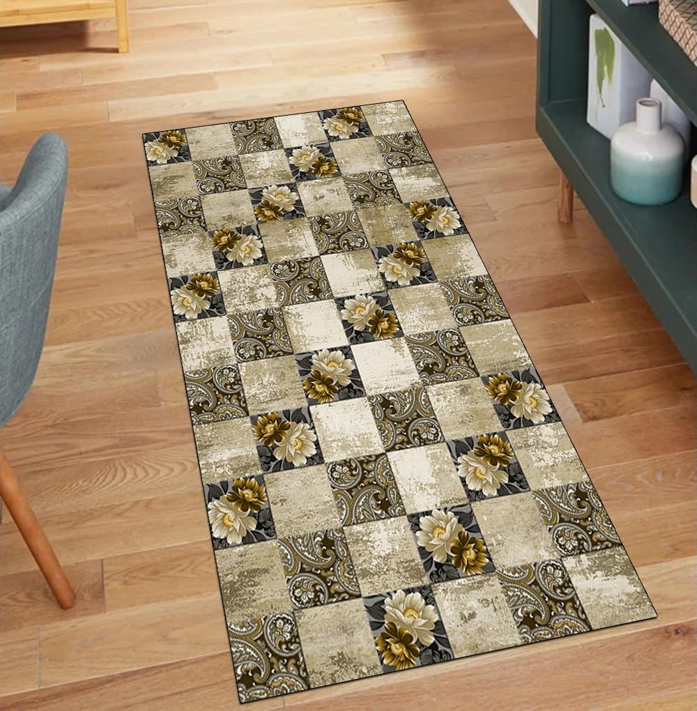 Alfombra de pasillo gris y beige lavable de 70x120 cm en poliéster de pelo corto