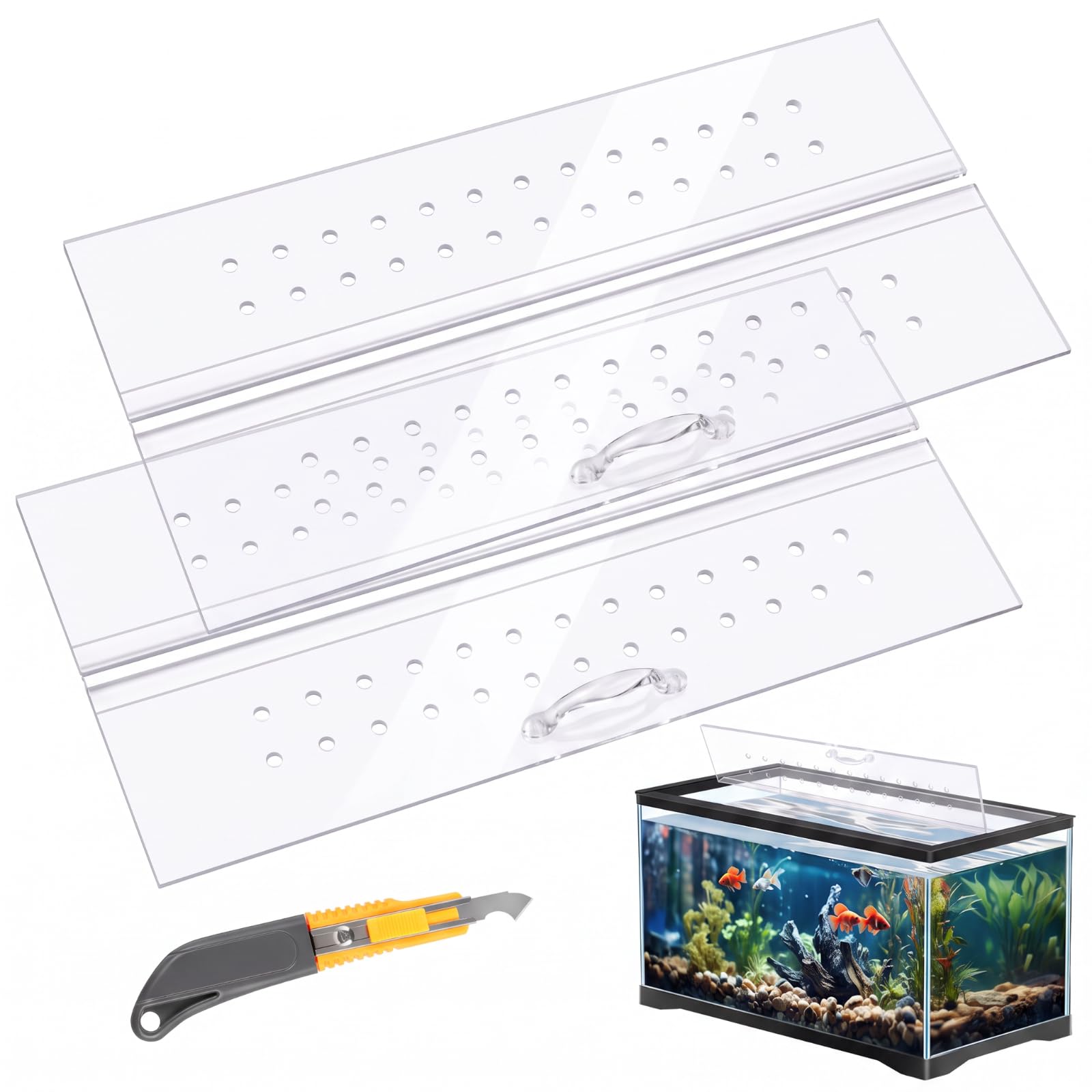 sieral aquarium polycarbonate canopy set 2 pcs 22.95 x 11.5 x 0.12 inch for 33/40/55 fish tank with center brace aquariums cover fish tank lid with a hook knife, breathable hole and handle, clear