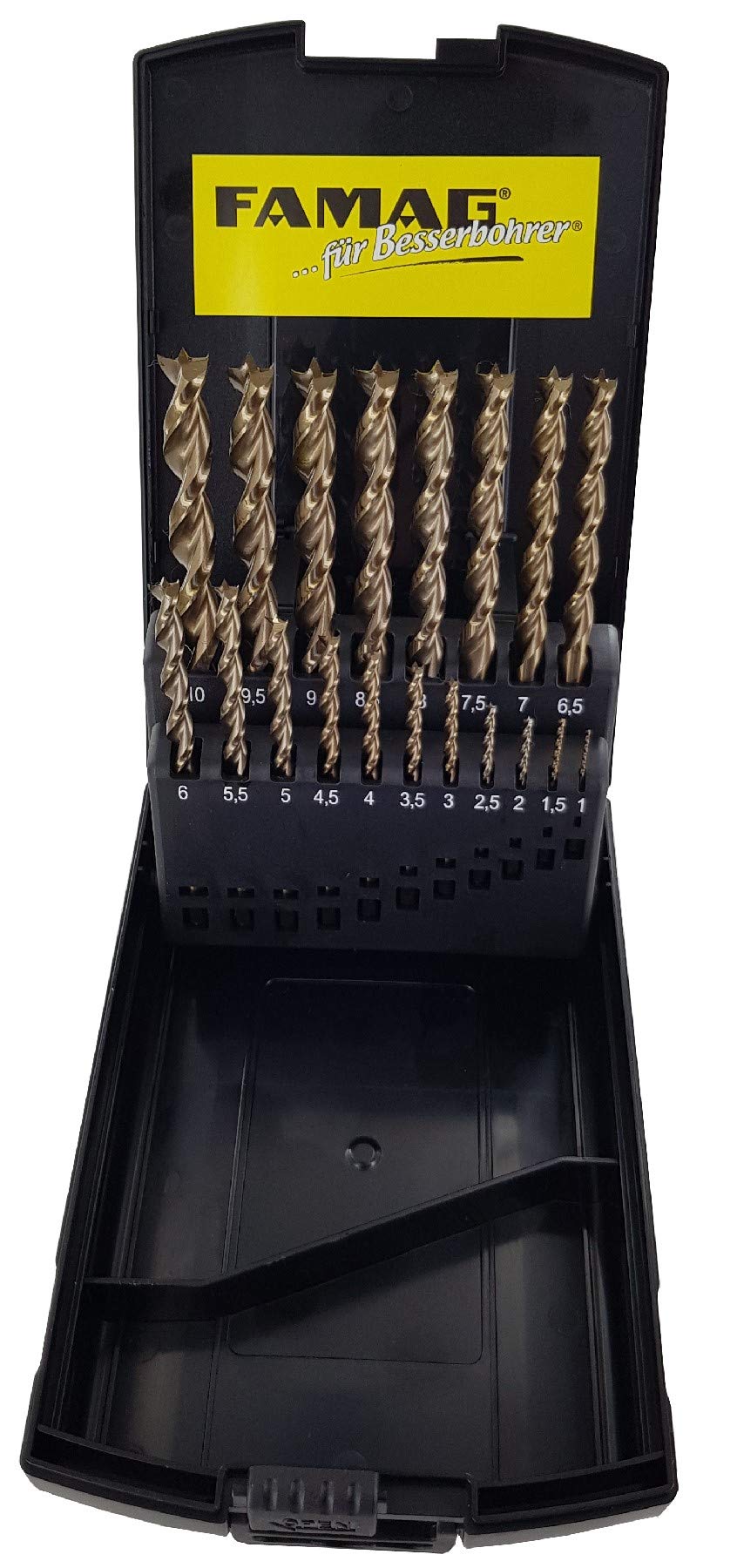 FAMAG HSS-G - Juego de 19 brocas helicoidales para madera