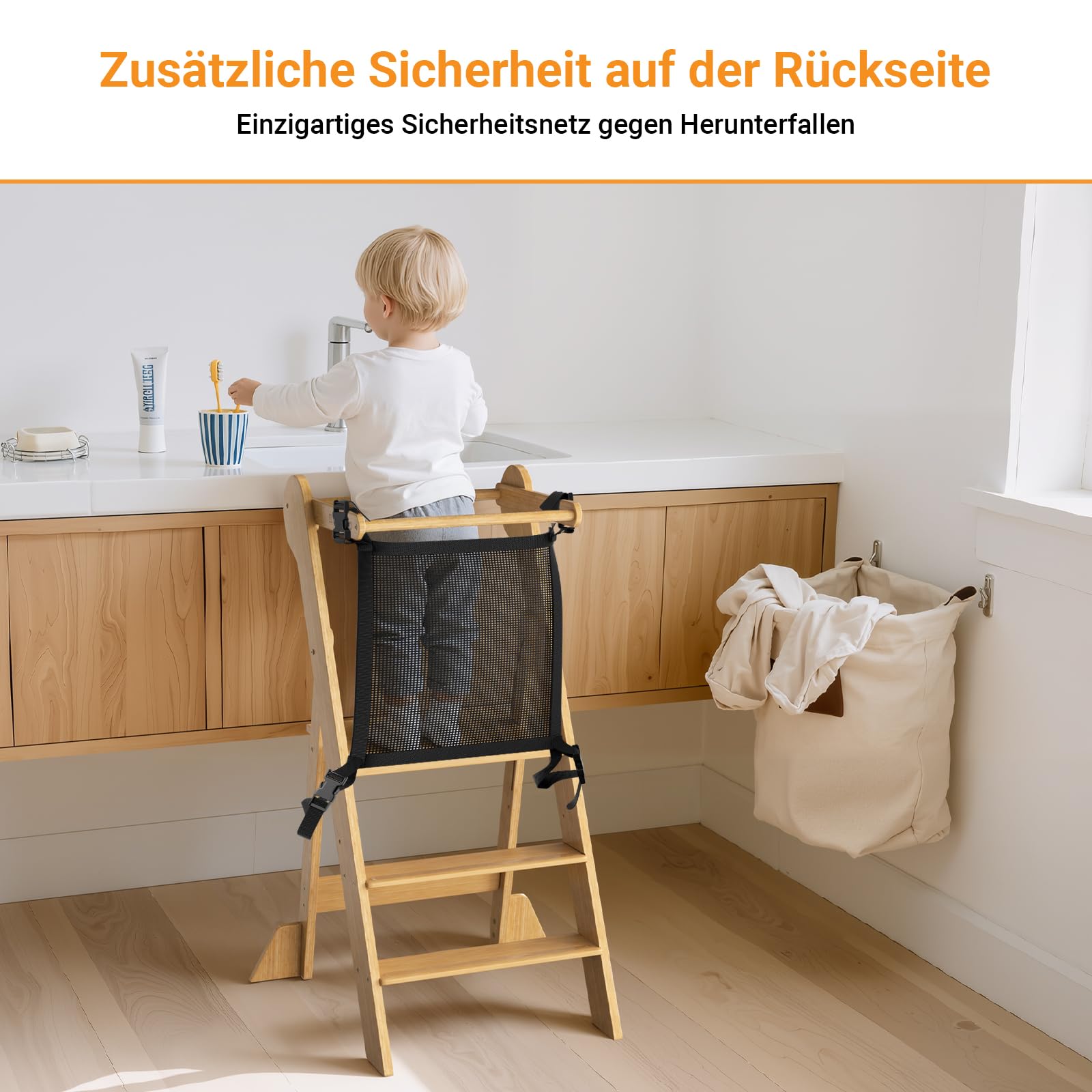 COSYLAND Montessori Lernturm ab 1 Jahr klappbar – Höhenverstellbarer Kinder Lernturm | Faltbarer Montessori Learning Tower aus Bambus | Lernstuhl Kitchen Helper - Natur