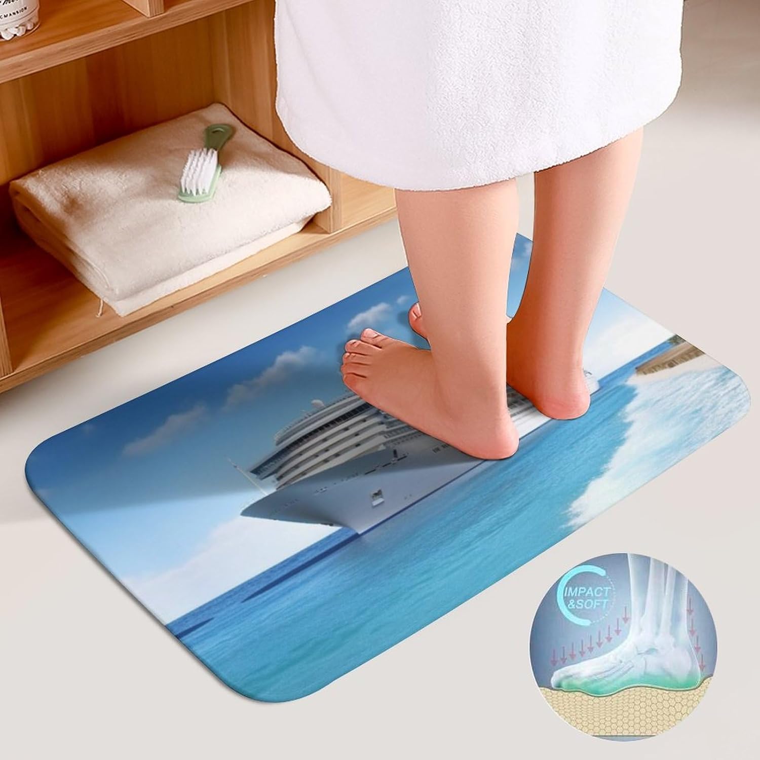 Anti-Skid Floor Mats 3 Piece Set,Seaside Cruise Ship Printed Coral Fleece Bathroom Mats U-Shaped Contour Mat Toilet Seat Cover for Bathroom, Tub, Shower, Kitchen 19.7"x31.5"