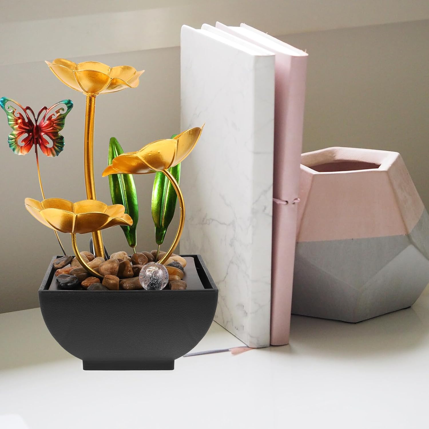 USB Powered Tabletop Water Fountain with Lotus Leaf Design Indoor Desktop Waterfall Ornament for Home Office Decor Craft with Soothing Sound and Finish