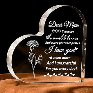 PRSTENLY Mum Birthday Gifts, Heart-shaped Acrylic Plaque Gifts for Mum on Her Birthday Christmas Anniversary Mothers Day, Mummy Presents from Daughter Son