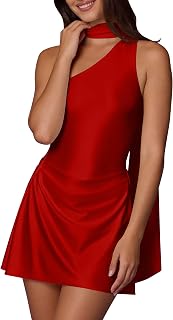 BEAGIMEG Women's Sexy Elegant One-Shoulder Asymmetric Neck A-line Cocktail Club Party Mini Dress
