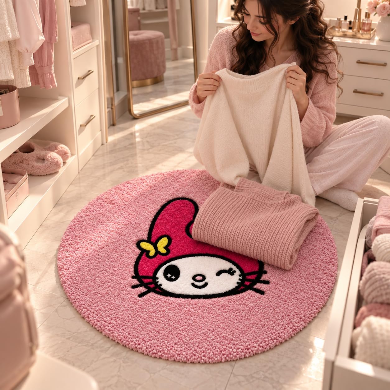 Pear Rug for Cute Room Decor - 32x32 Soft Pink Rug for Girls Bedroom - Fluffy Machine Washable Kids Mat for Princess Room Decor - Non Slip Mat As Birthday Gift for Girls