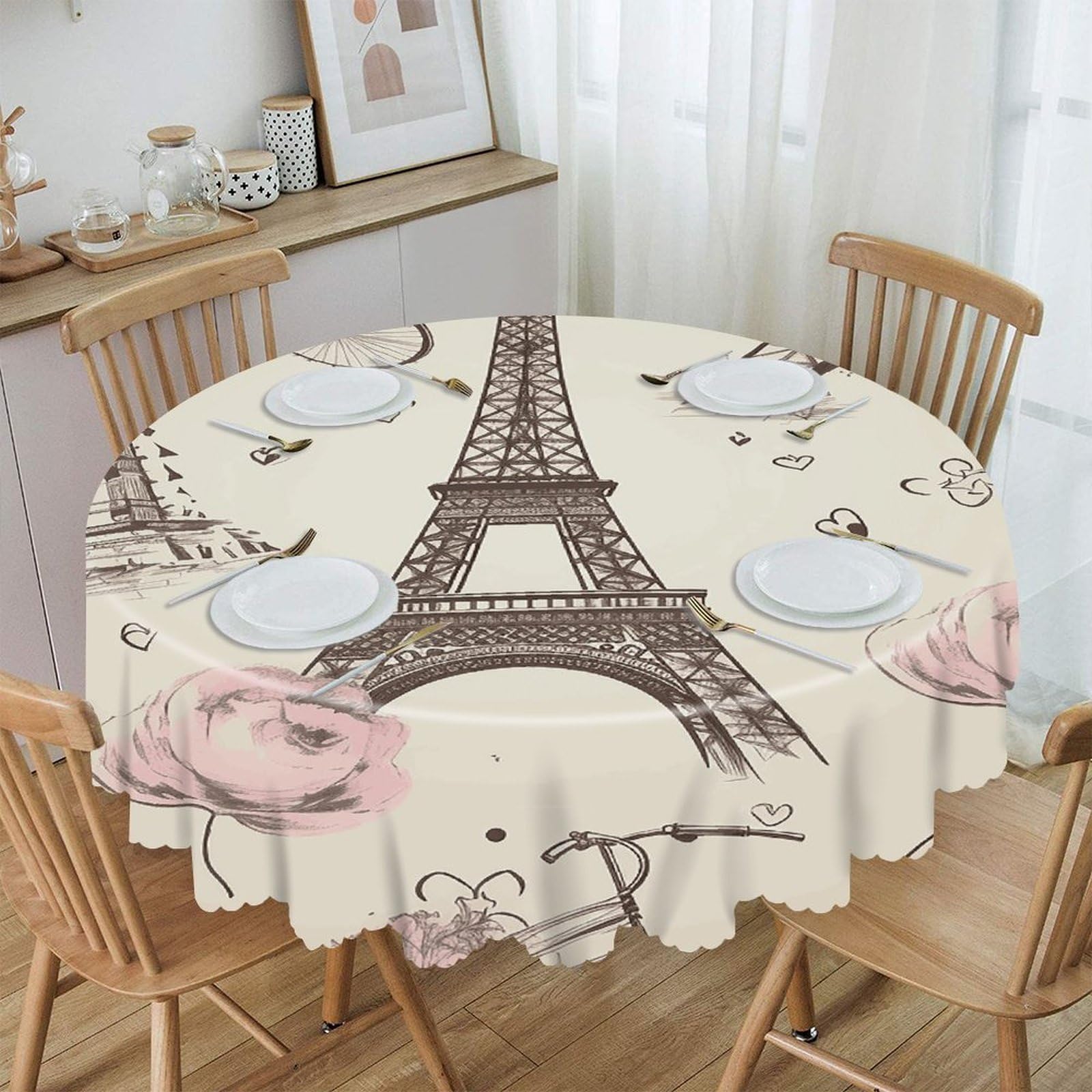 VstaDank - Eiffel Tower and a Bike 60 Inch Round Tablecloth Easy Clean Round Thick Decorative Polyester Tablecloth for Dining Room Kitchen Party Farmhouse Outdoor