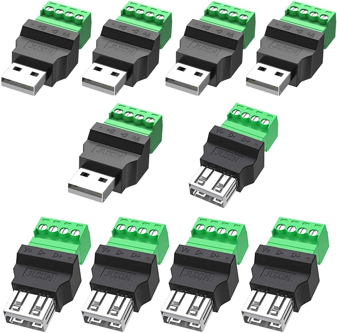 10Pcs USB 2.0 Type A Male/Female to 4 Pin Screw Terminal Connector, 300V 8A Portable Pluggable Type USB A Converter (5Male + 5Female)