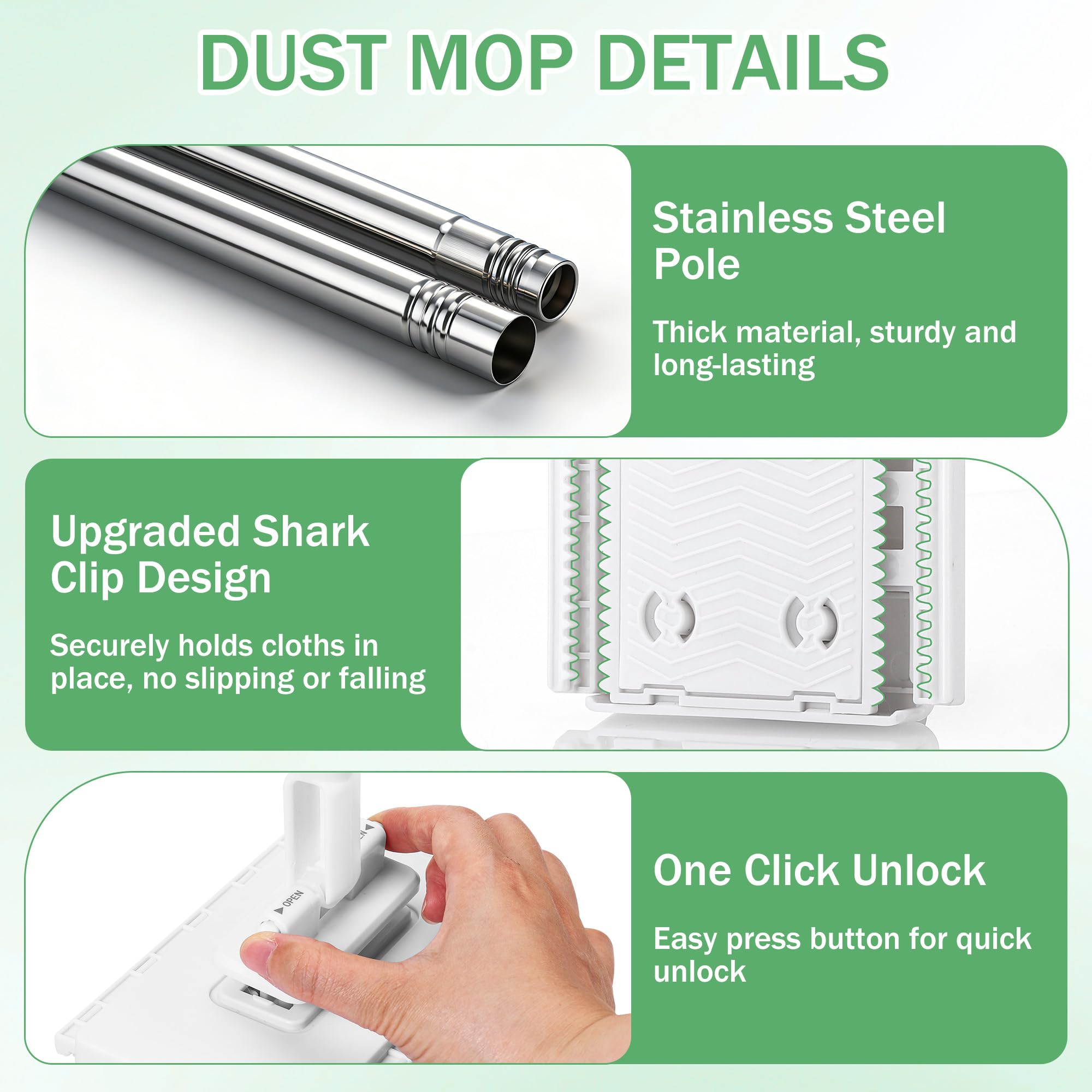 Mini Mopa con Clip & 10 Paños Reutilizables, Mopas de Limpieza Suelos con Cambio de Paño y Cabezal Giratorio de 360°, Fregonas Húmedas y Secas con Sistema de Clic para Suelos, Paredes, Baños y Cocinas — view 5