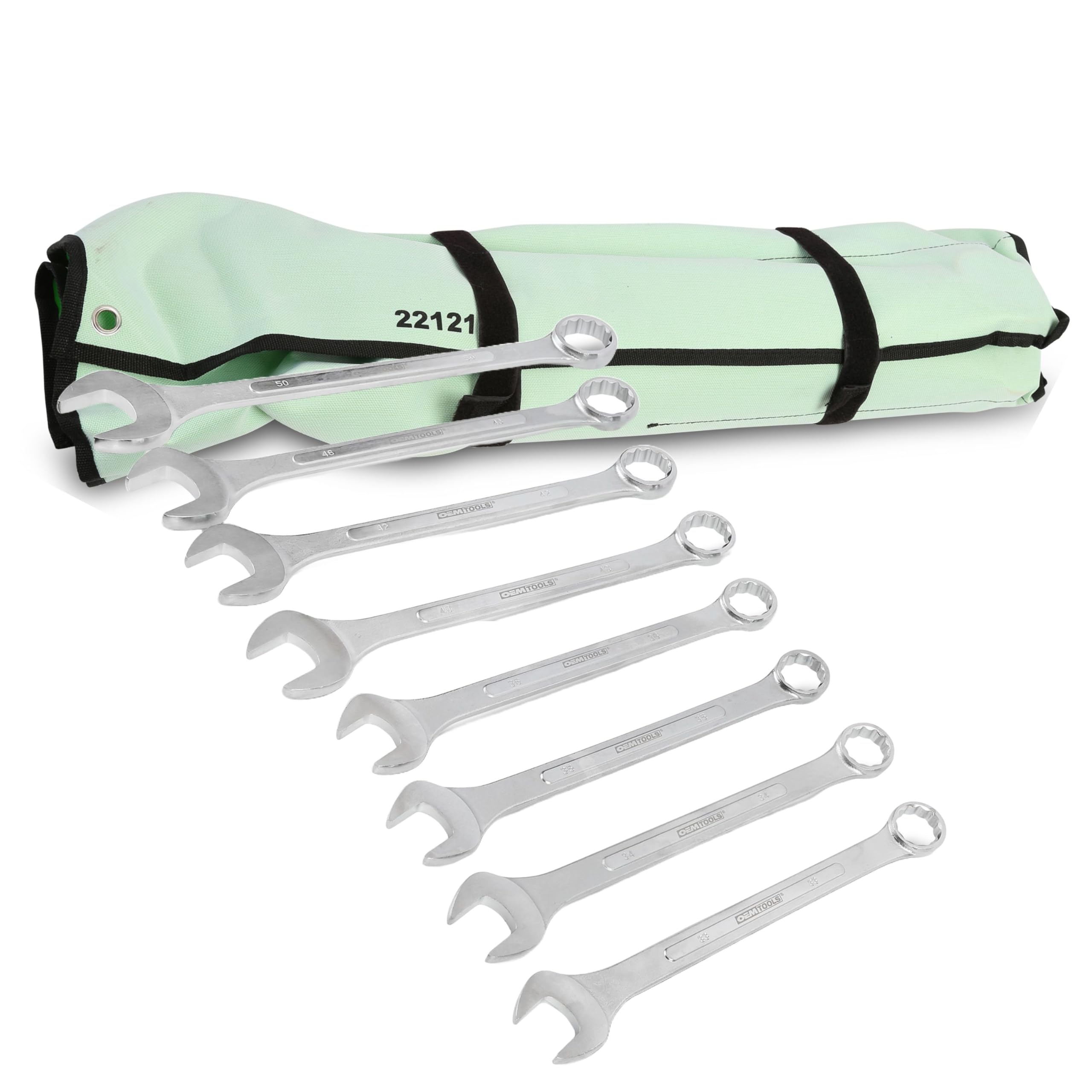 OEMTOOLS 22121 8-PC Metric Jumbo Combination Wrench Set, 33mm-50mm, 12 Pt. Box End Metric Wrench Set, 15° Offset Wrenches, Chrome Plated Finish with