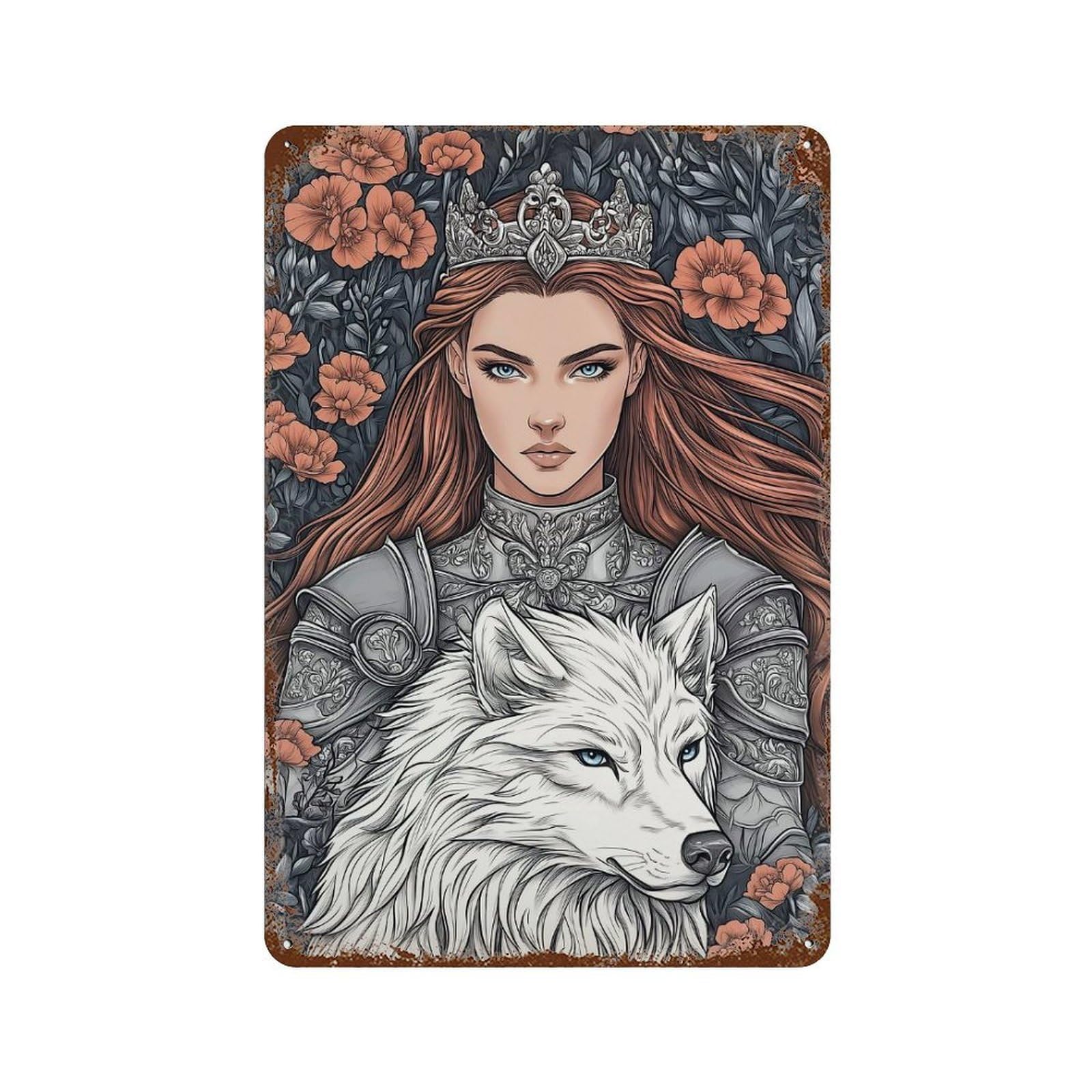 Queen with Wolf And Floral Background Rusty Metal Tin Sign 11.8"x7.9", Rustic Home Decor for Living Room, Hallway And Home Decor