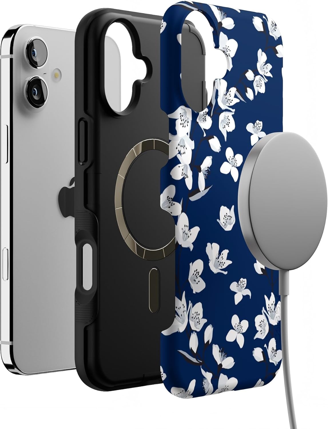 Casely iPhone 16 Case | Floral Forest | Navy Cherry Blossom Floral | Bold Protective Design | Compatible with MagSafe