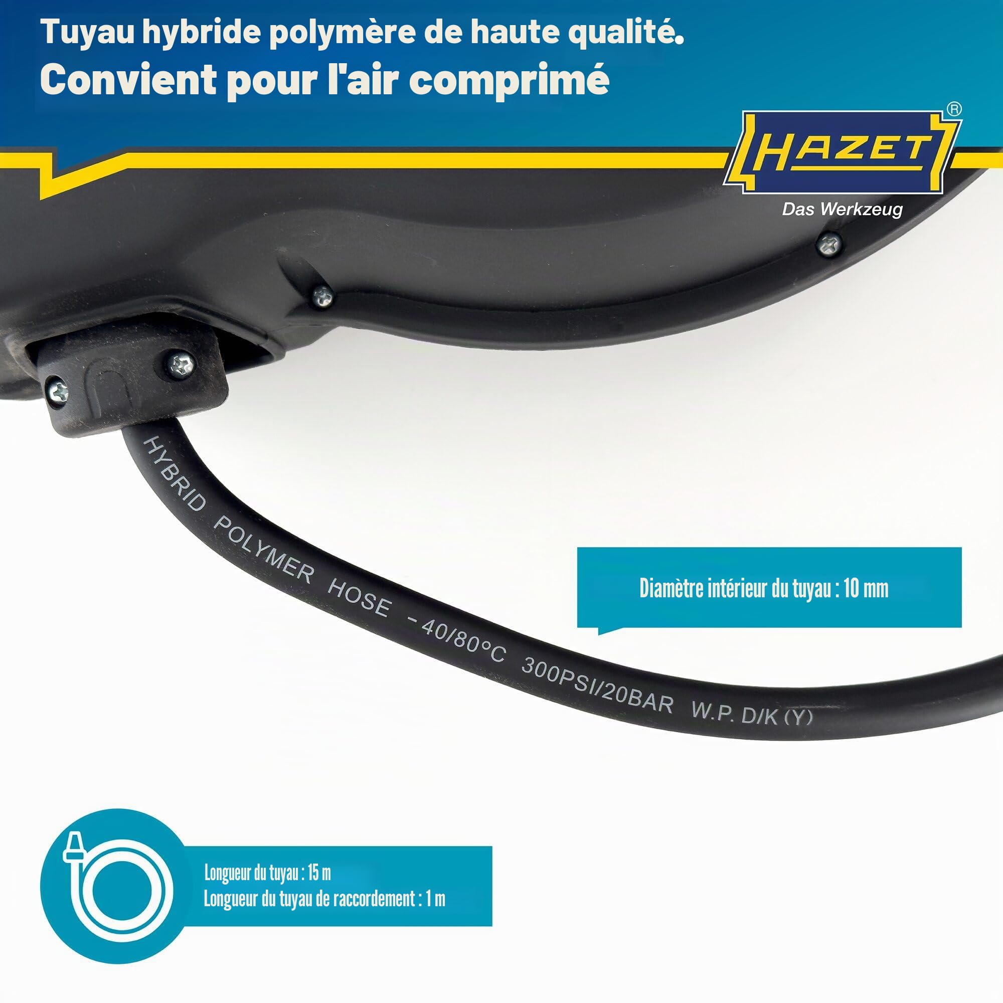 HAZET Enrouleur de tuyau 9040N-13 I Longueur de tuyau 15 m, diamètre intérieur : 13 mm, pression : 20 bar pour air comprimé et eau I avec fonction "Stop at any point
