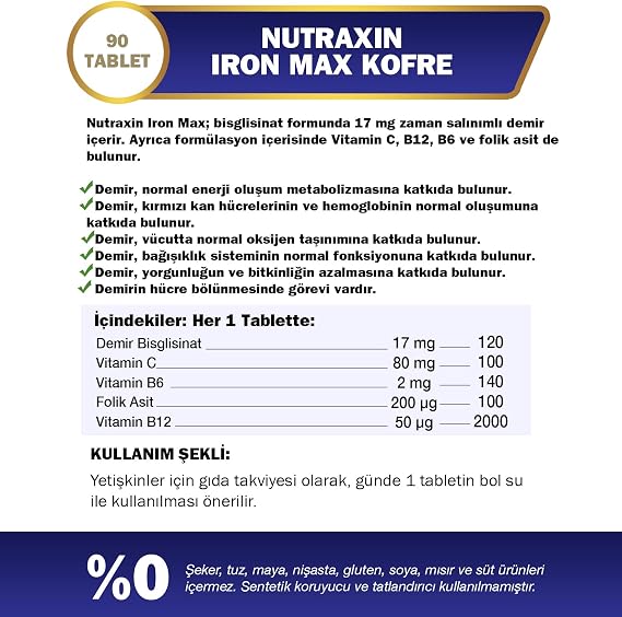 Nutraxin Iron Max 17 mg | Gentle Iron + Vitamin C, B12, B6 | 90 Tablet | Şeker ve Gluten İçermez