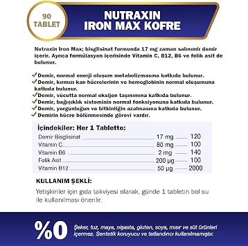 Nutraxin Iron Max 17 mg | Gentle Iron + Vitamin C, B12, B6 | 90 Tablet | Şeker ve Gluten İçermez