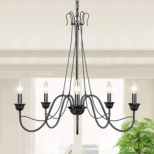 LAMPUNDIT 5 Light Farmhouse Chandelier for Dining Room French Country Chandeliers for Living Room Kitchen Foyer, Black, 26.7” Dia