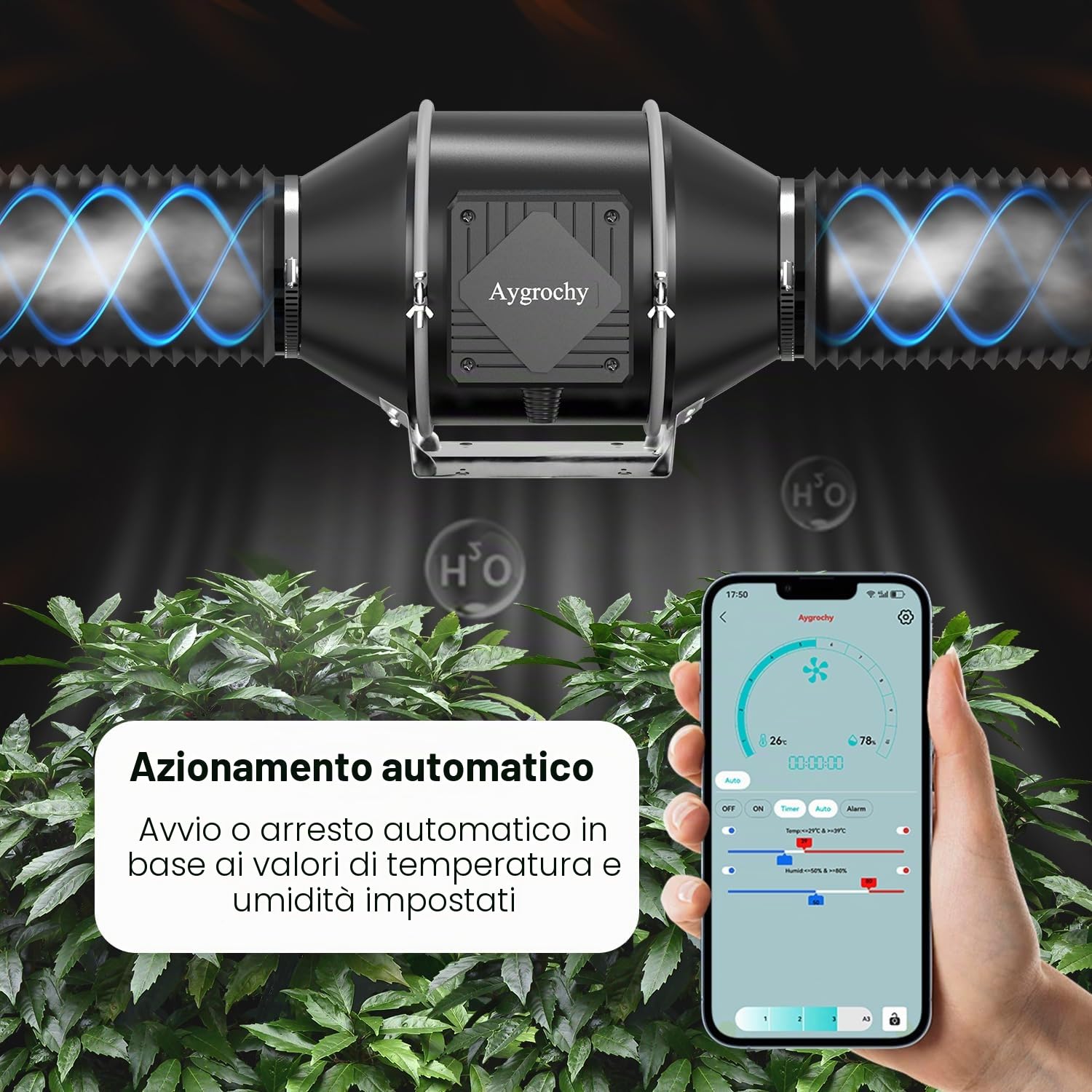 Aygrochy App Wifi Ventola di Aspirazione 100mm, estrattore d'aria con regolatore di temperatura e umidità, motore EC, 2800 giri/min, aspiratore aria e fumo per cucina, garage, bagno,tende di crescita.