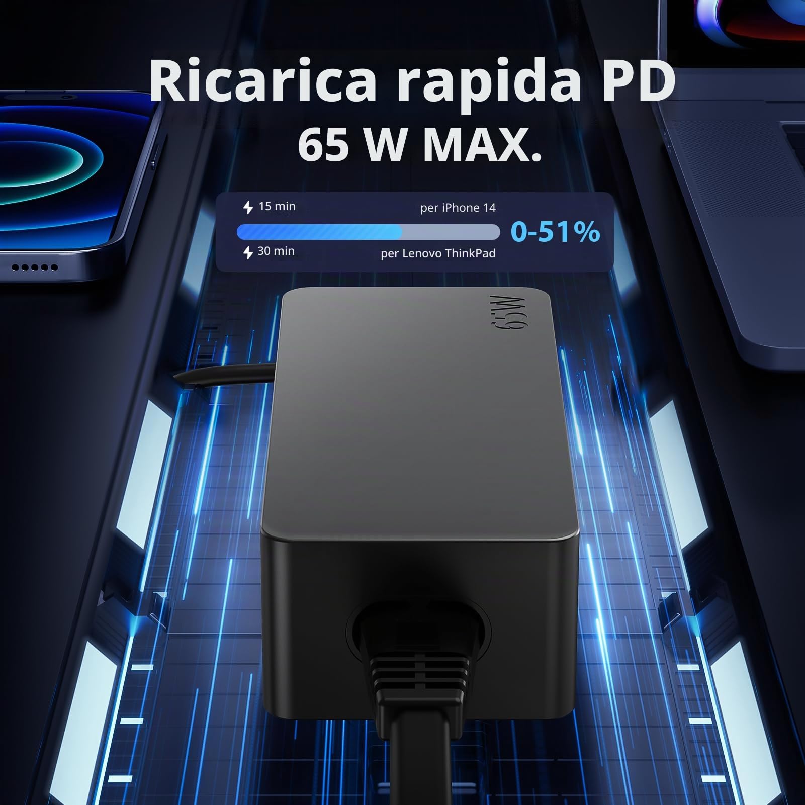 Alimentatore USB C 65W per Lenovo ThinkPad Touch Yoga HP Chromebook ASUS Dell Acer Caricatore Samsung Huawei MacBook-Carica Rapida con PD 3.0 e QC Caricabatterie Computer Portatile PC Charger
