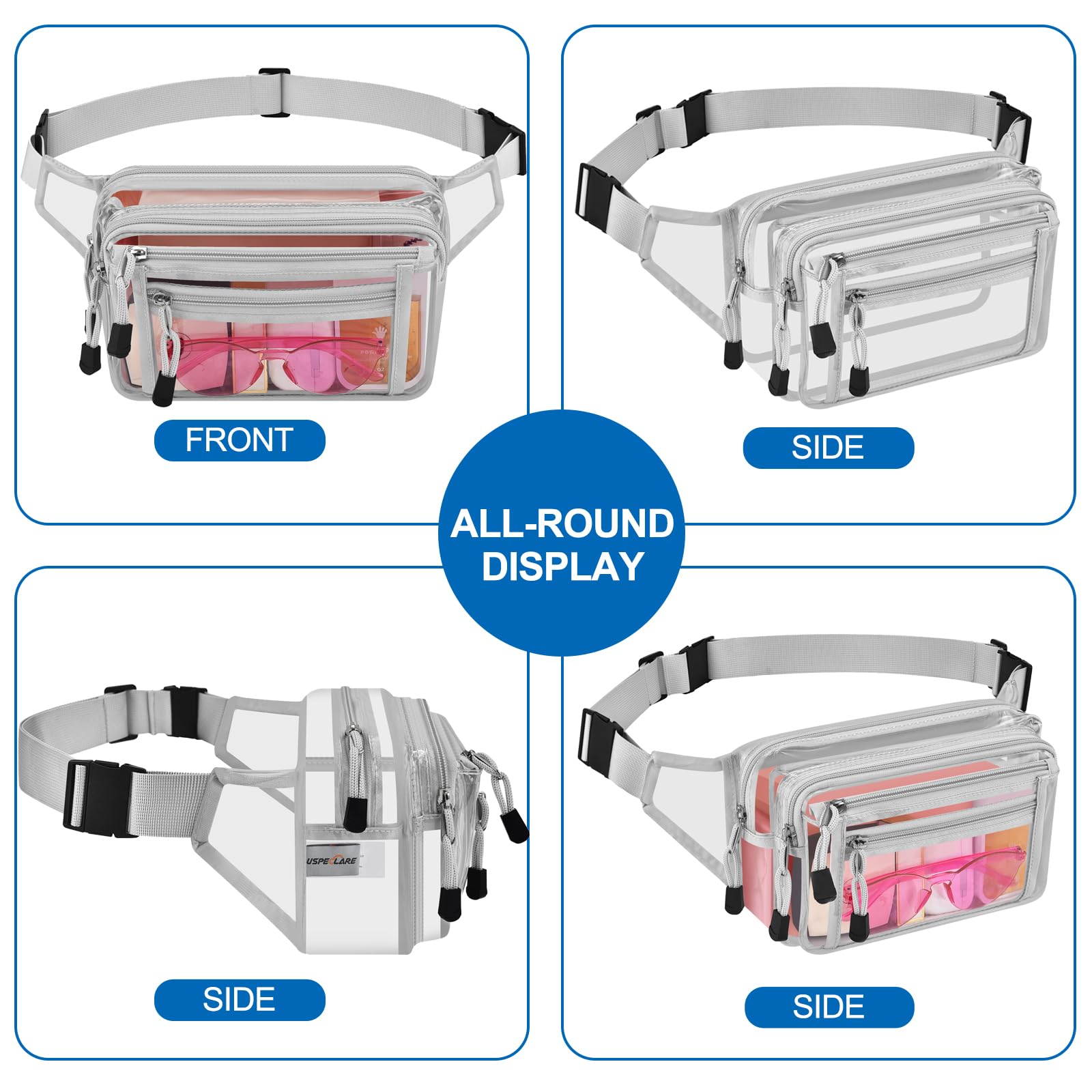 USPECLARE Transparente Bauchtasche, Stadiongenehmigt, groß, Mehrzweck-Hüfttasche, silber, 5.5" H x 9.5" L x 4" W, 1 Packung aus PVC
