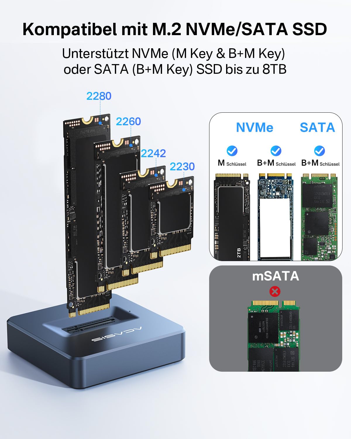 ACASIS AC-M04 M.2 NVMe & SATA SSD Gehäuse – 10 Gbps USB-C Docking Station , M.2 USB Adapter – Unterstützt M.2 NVMe SSD M-Key und SATA-basierte SSD M Key&M+B Key