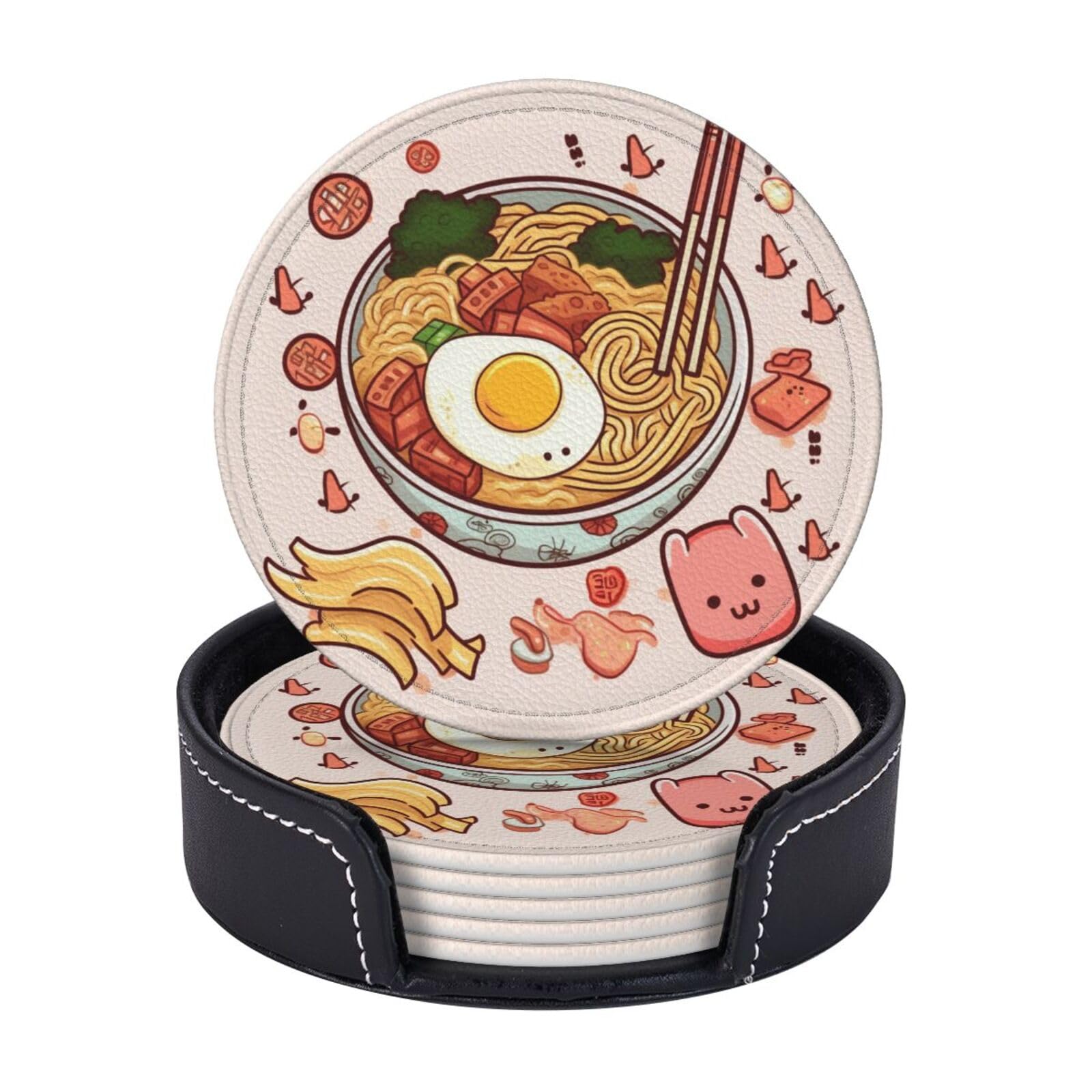 6Pcs PU Leather Coaster for Drinks, Delicious Sweet Ramen Cup Coasters with Holder, Aesthetic Drink Coasters for Coffee Table, Round Coaster for Tabletop Protection 4" Cup Mat Pad