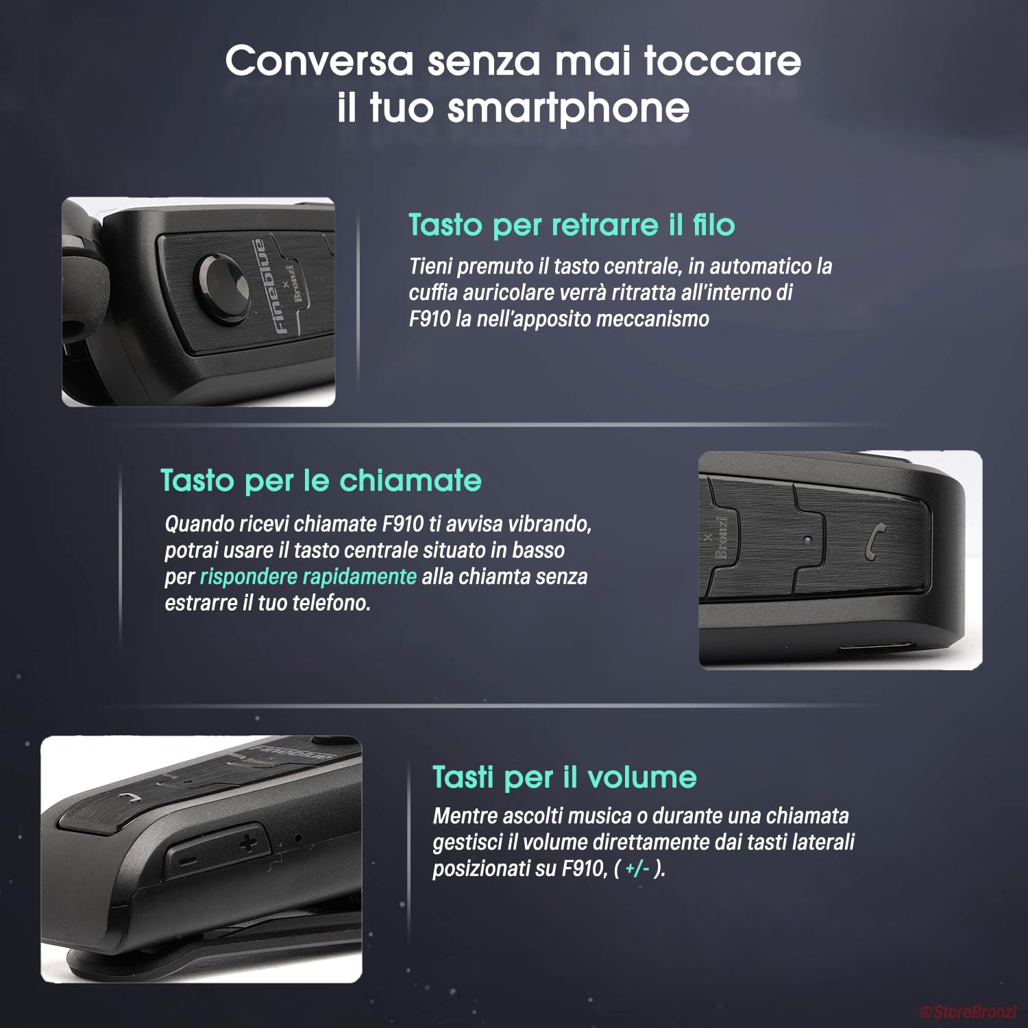 Fineblue F910 Auricolari Bluetooth Smartphone Con Clip Filo Retrattile In Ear Avviso a Vibrazione Microfono Cancellazione Rumore Nero